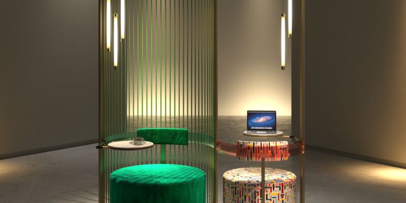 struttura in ottone con poltroncine
